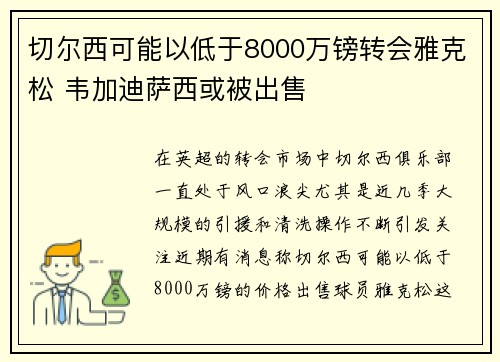 切尔西可能以低于8000万镑转会雅克松 韦加迪萨西或被出售