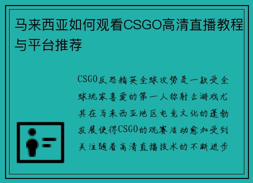 马来西亚如何观看CSGO高清直播教程与平台推荐